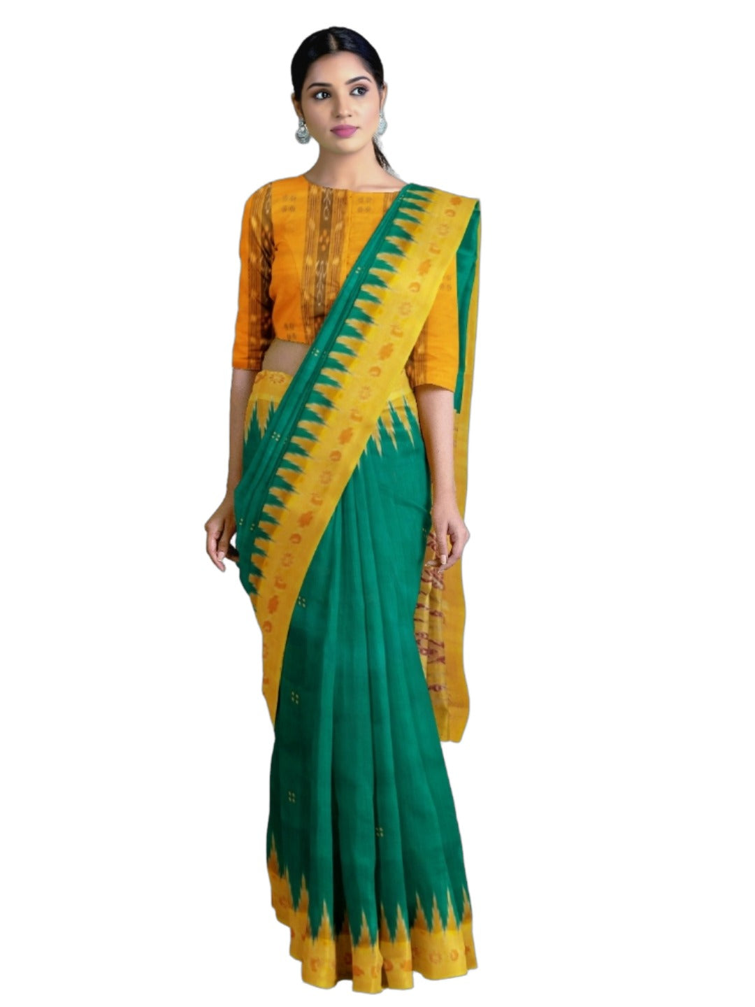 Green Odisha Khandua Pata Silk Saree with cotton ikat blouse piece