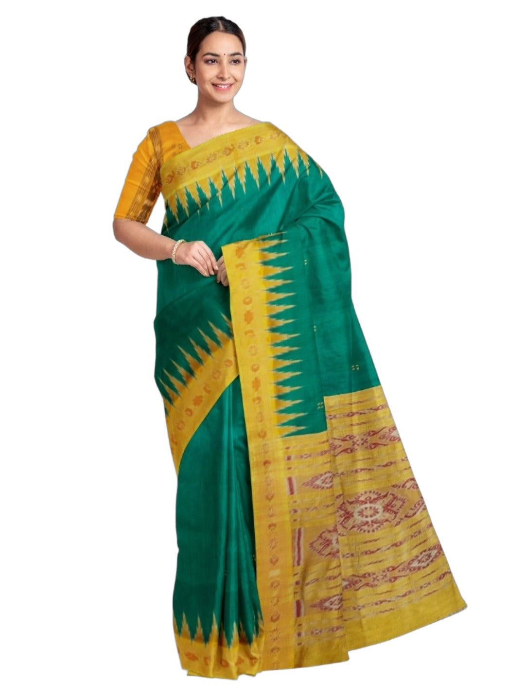 Green Odisha Khandua Pata Silk Saree with cotton ikat blouse piece
