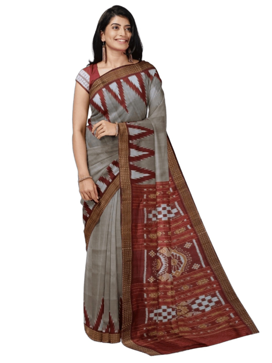 Grey with Maroon Odisha Khandua Pata Silk Saree with Silk blouse piece