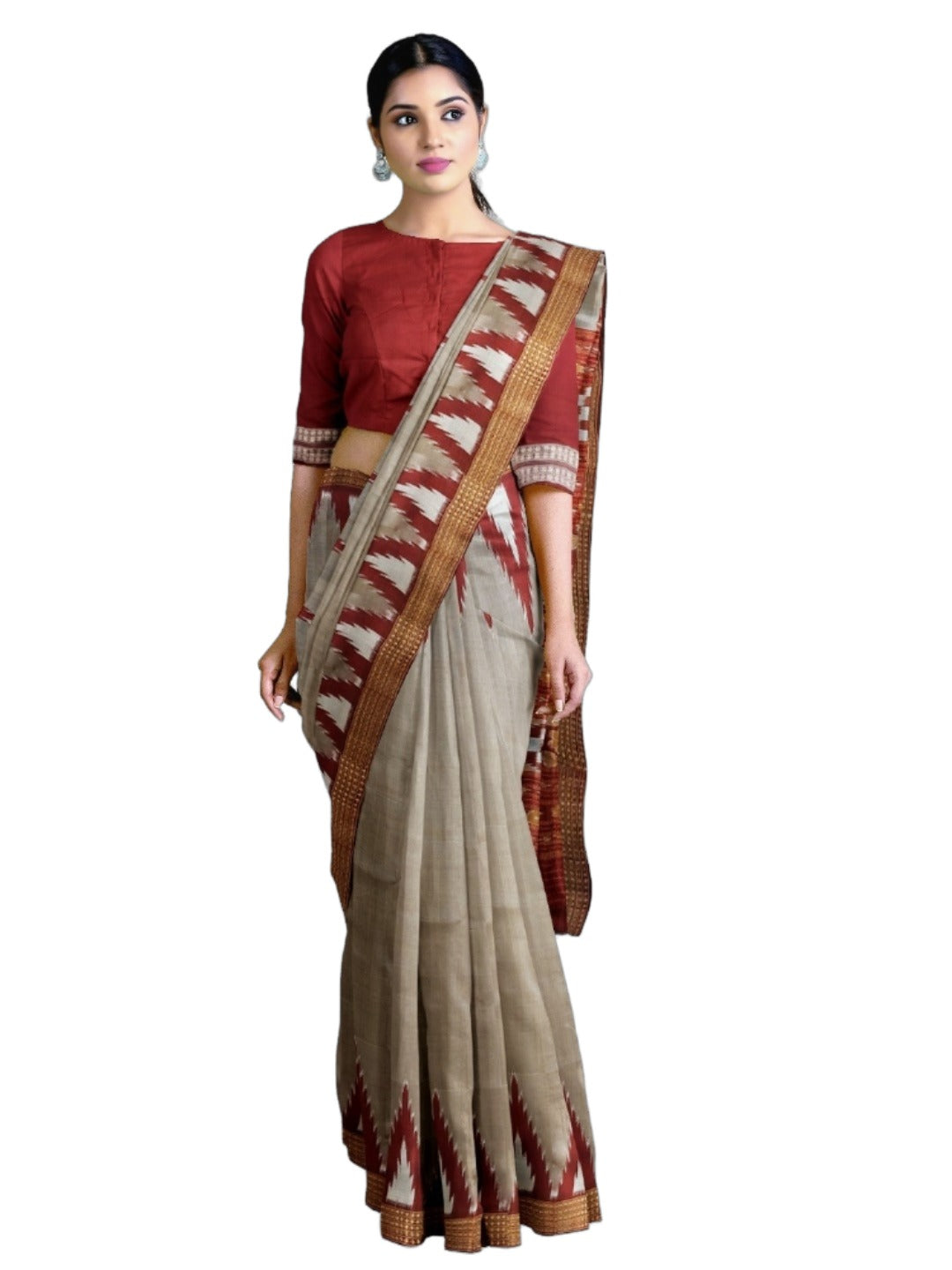 Grey with Maroon Odisha Khandua Pata Silk Saree with Silk blouse piece