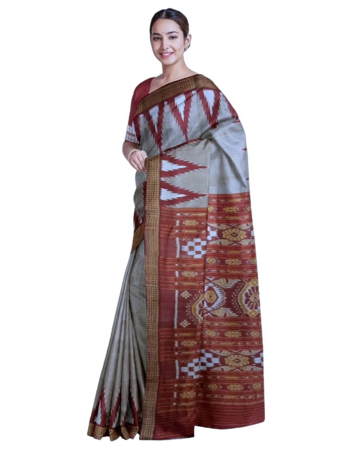 Grey with Maroon Odisha Khandua Pata Silk Saree with Silk blouse piece
