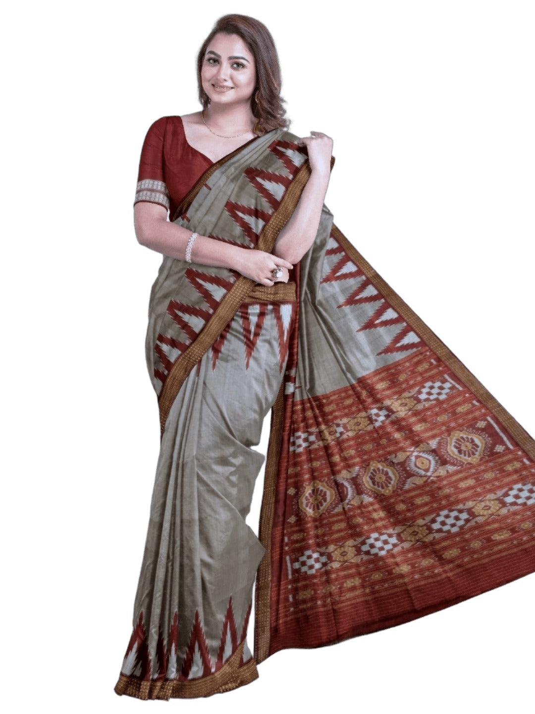 Grey with Maroon Odisha Khandua Pata Silk Saree with Silk blouse piece
