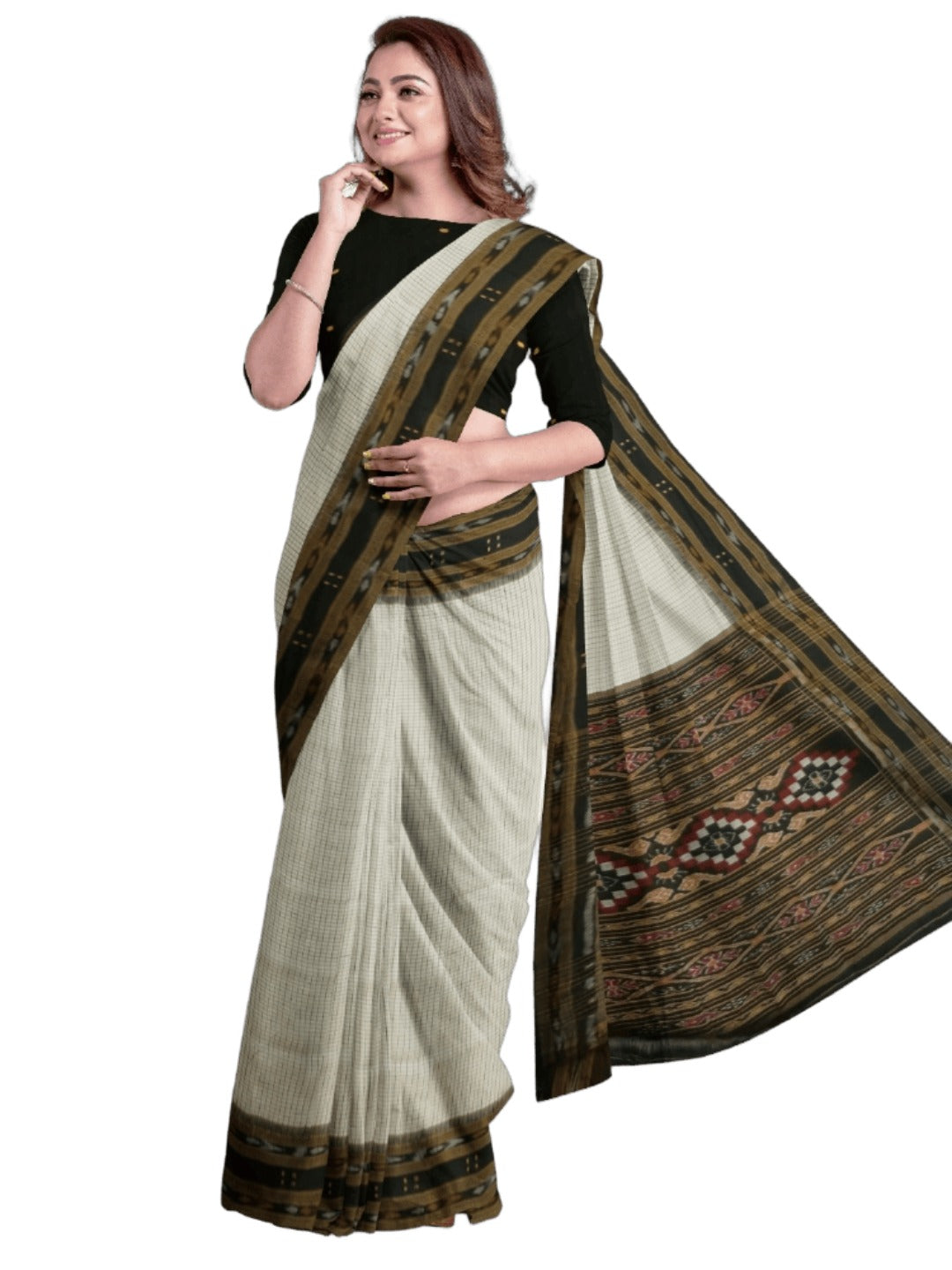 Offwhite Black Sachipar Khandua Pata Silk Saree with cotton ikat blouse piece
