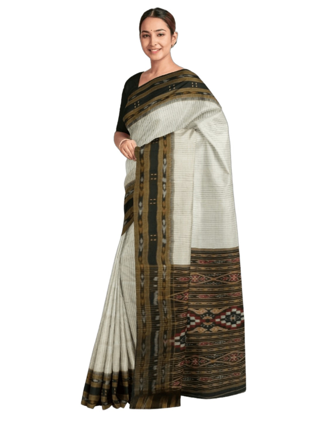 Offwhite Black Sachipar Khandua Pata Silk Saree with cotton ikat blouse piece