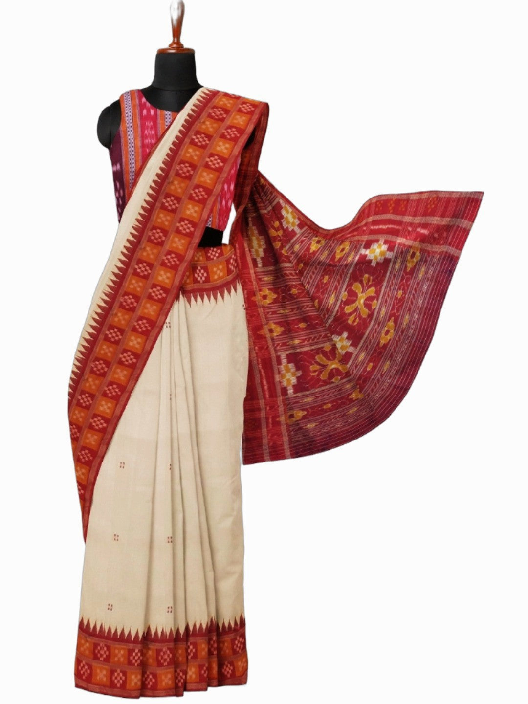 White Double Border Odisha Khandua Pata Silk Saree with cotton ikat blouse piece