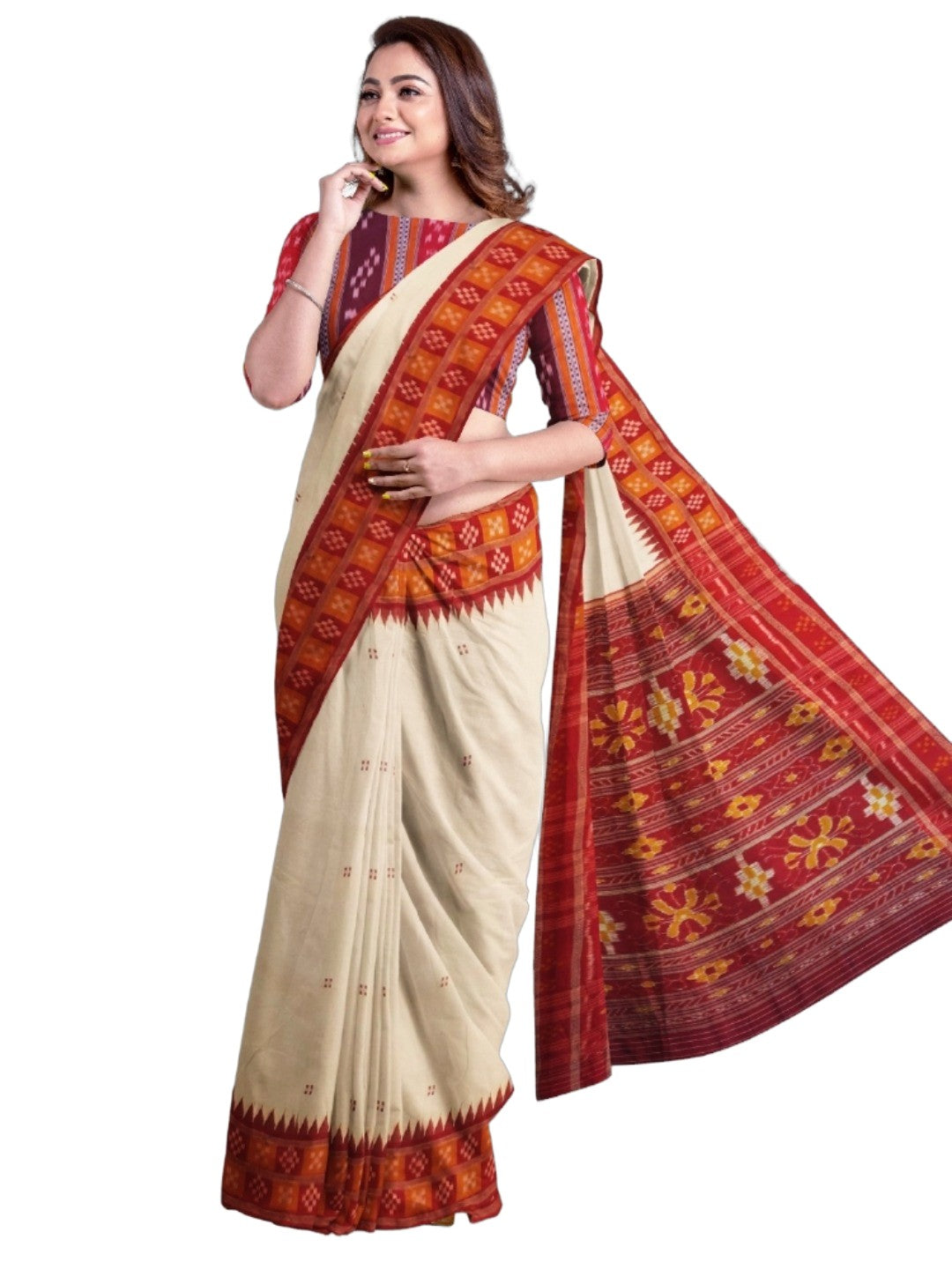 White Double Border Odisha Khandua Pata Silk Saree with cotton ikat blouse piece