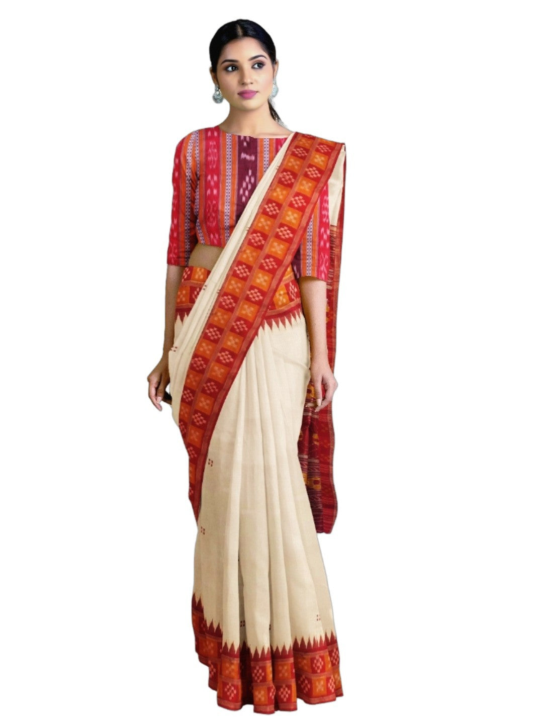 White Double Border Odisha Khandua Pata Silk Saree with cotton ikat blouse piece