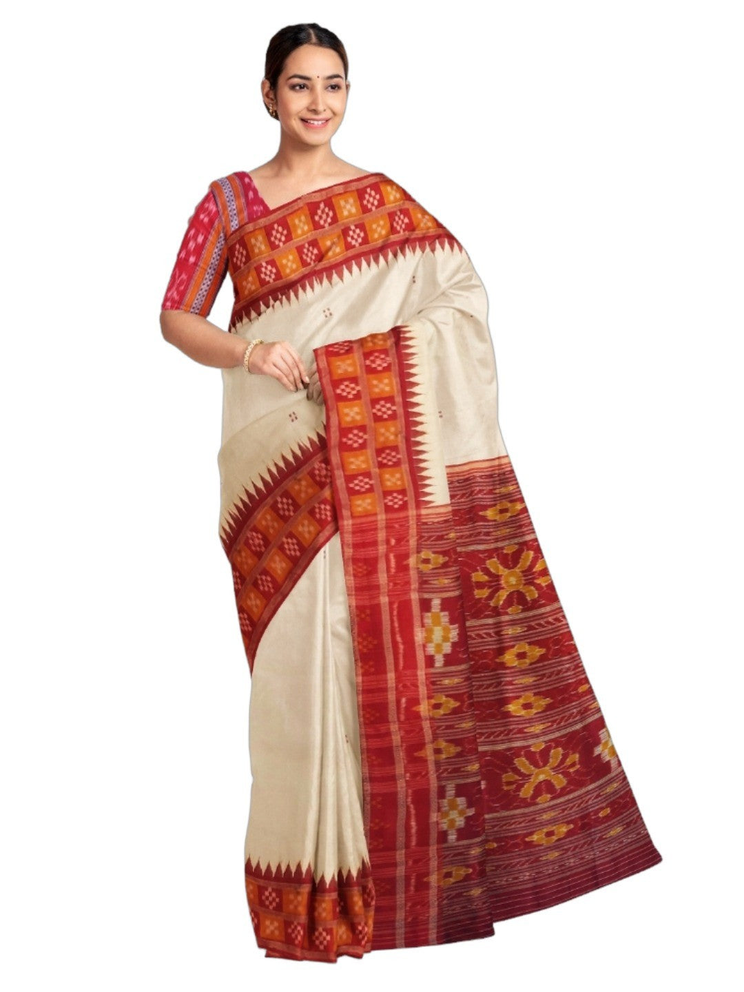White Double Border Odisha Khandua Pata Silk Saree with cotton ikat blouse piece