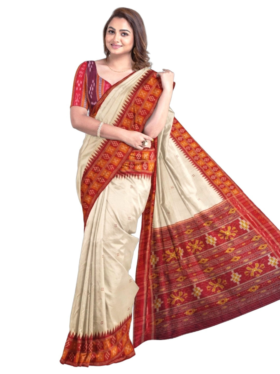 White Double Border Odisha Khandua Pata Silk Saree with cotton ikat blouse piece