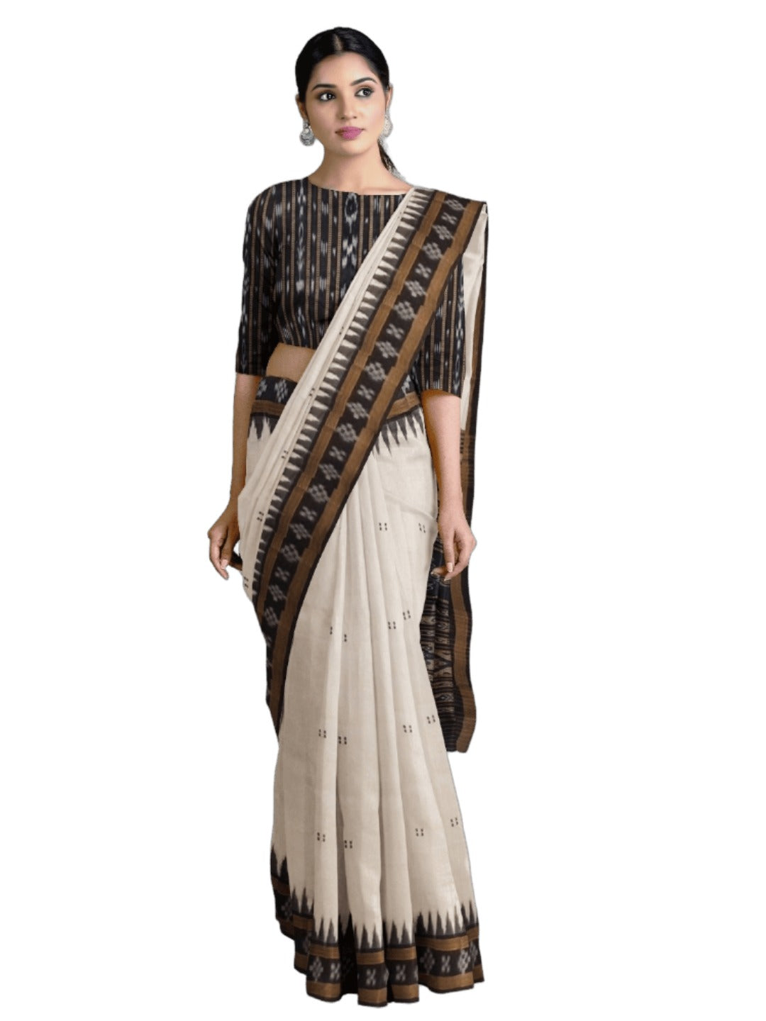 White Black Odisha Khandua Pata Silk Saree with cotton ikat blouse piece