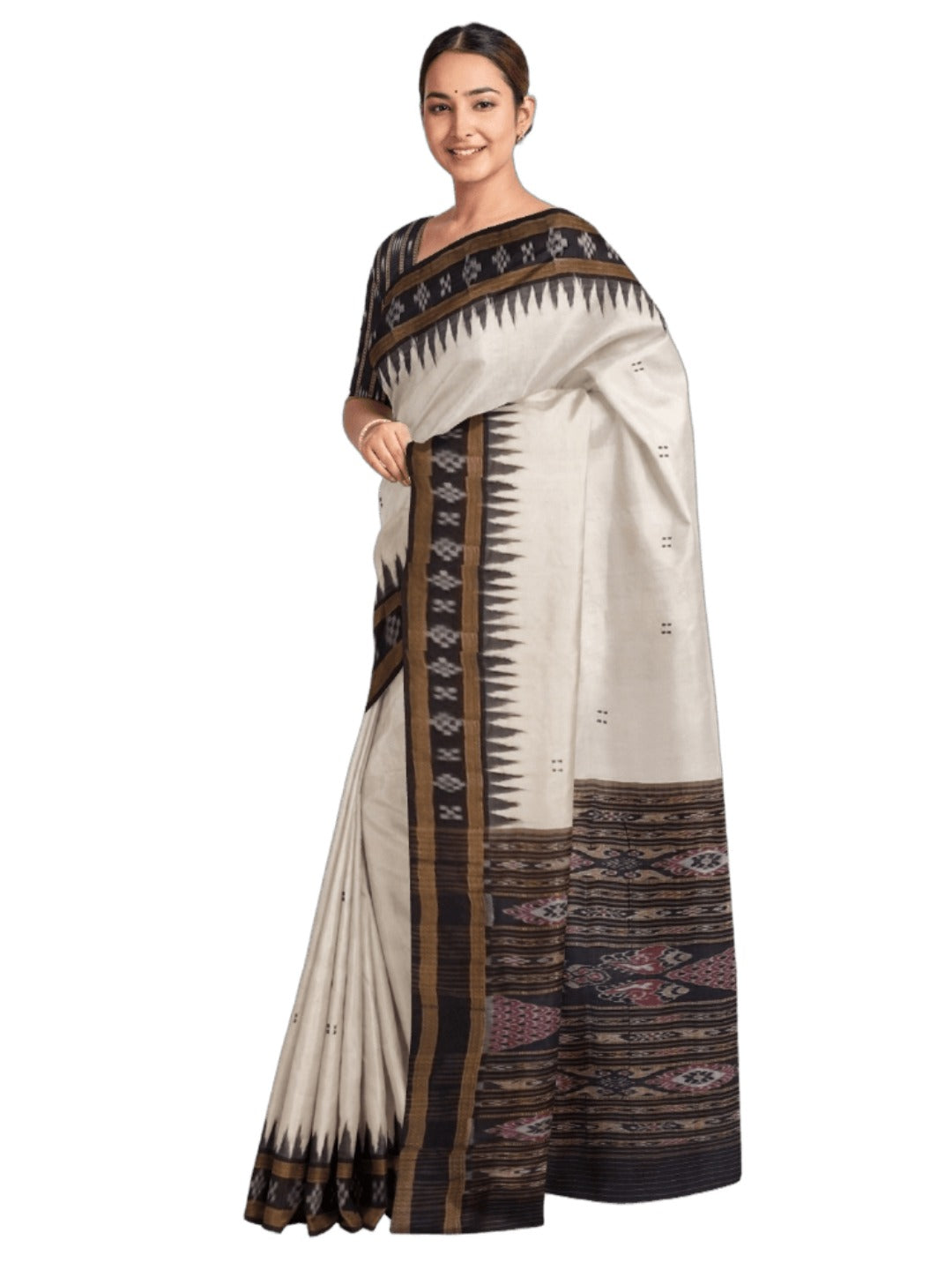 White Black Odisha Khandua Pata Silk Saree with cotton ikat blouse piece