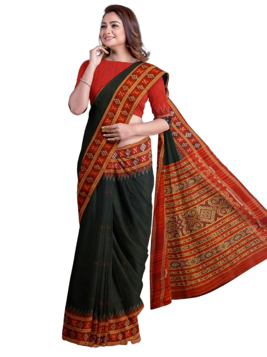 Black Red Double Border Odisha Khandua Pata Silk Saree with cotton ikat blouse piece