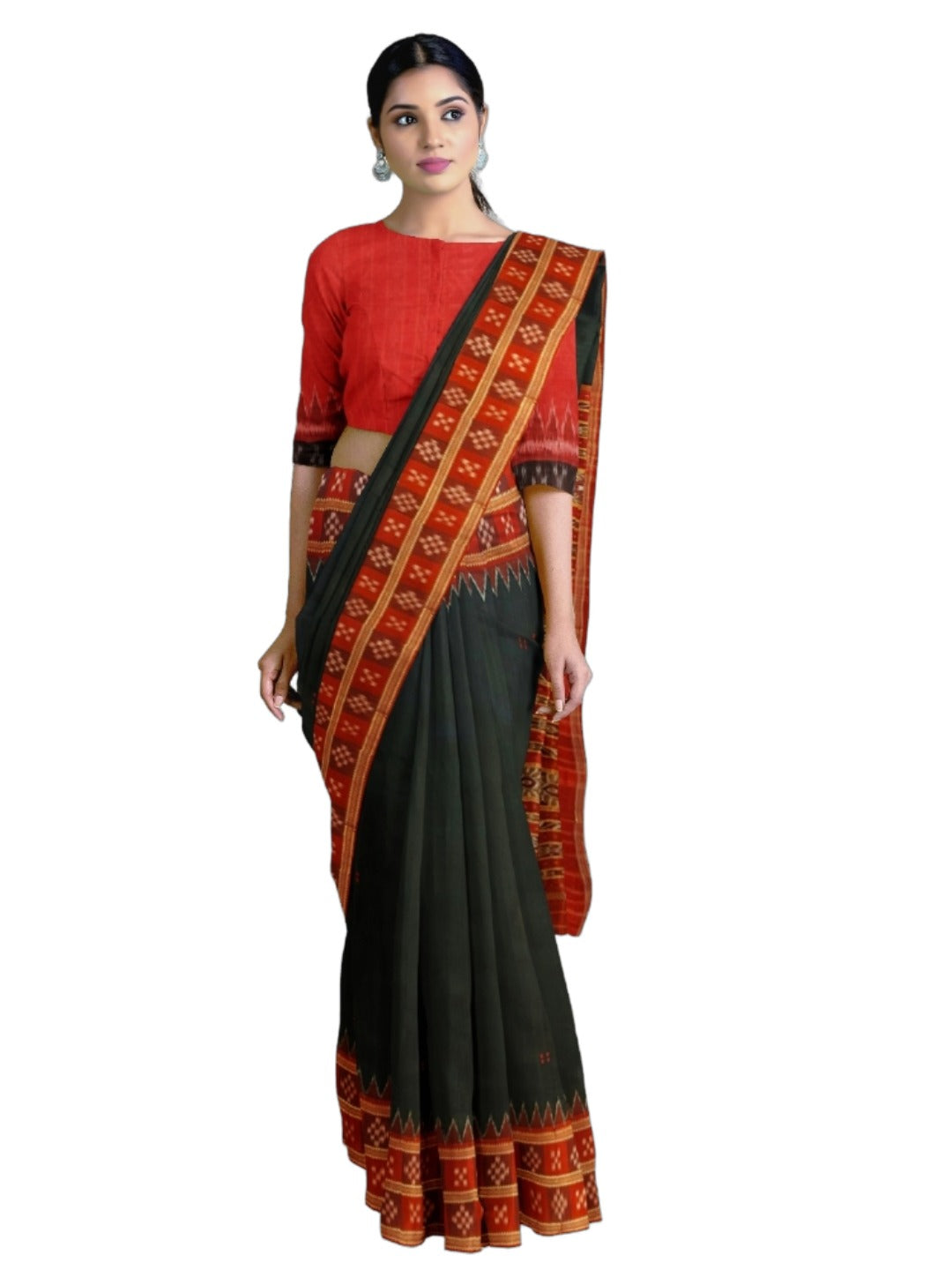 Black Red Double Border Odisha Khandua Pata Silk Saree with cotton ikat blouse piece