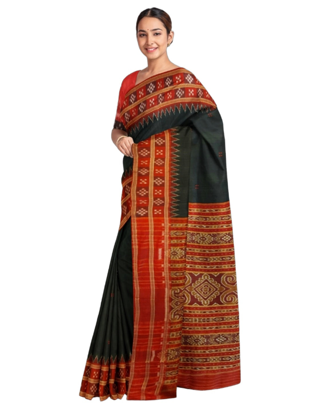 Black Red Double Border Odisha Khandua Pata Silk Saree with cotton ikat blouse piece