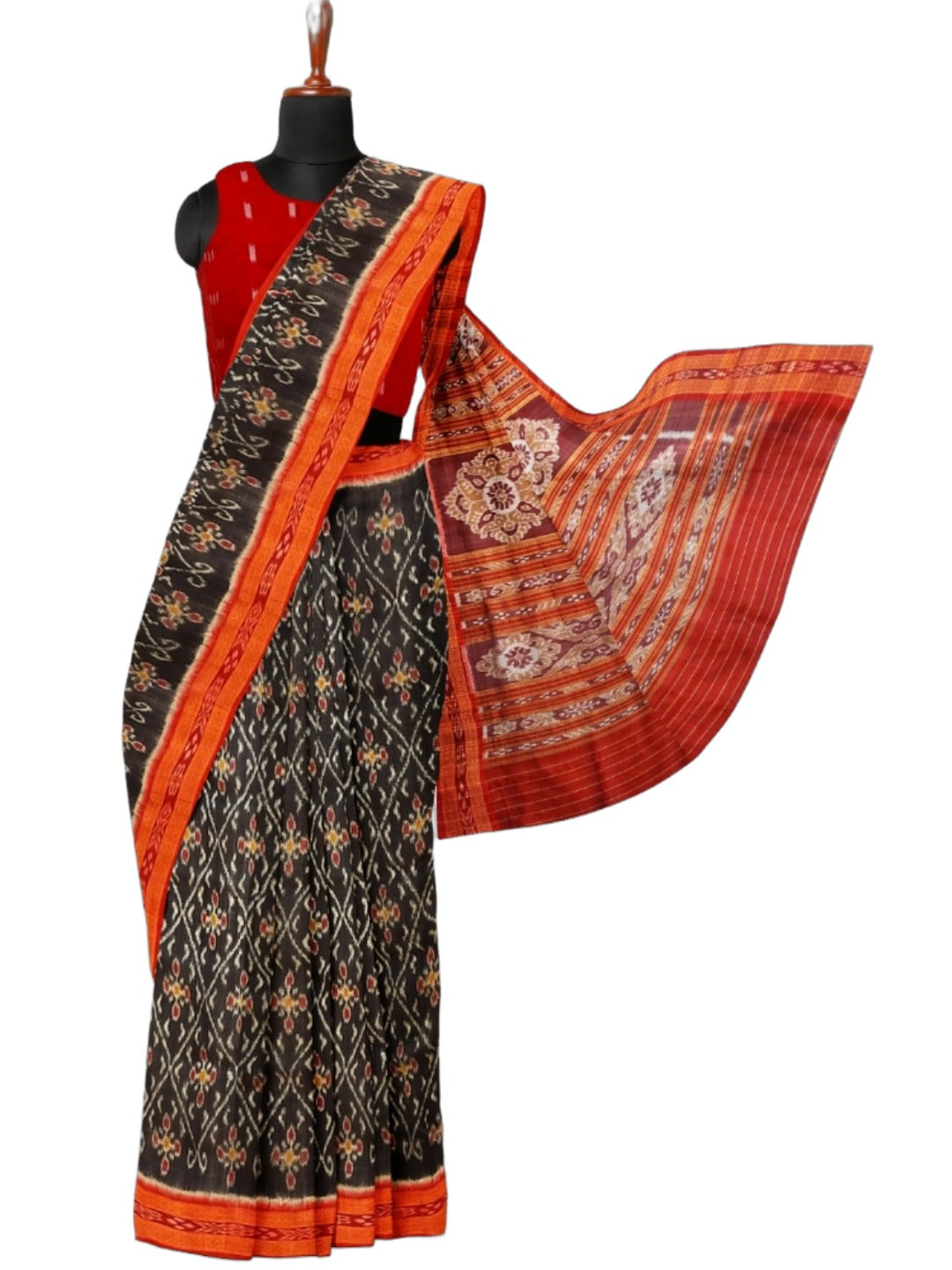 Black with Red Border Odisha Khandua Pata Silk Saree with cotton ikat blouse piece