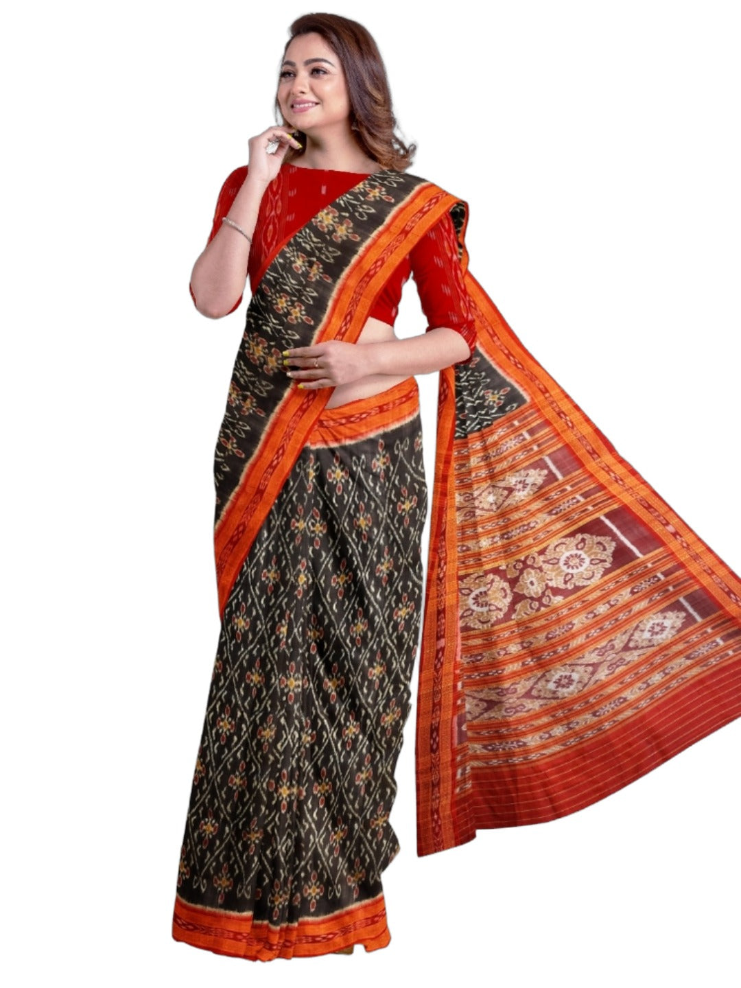 Black with Red Border Odisha Khandua Pata Silk Saree with cotton ikat blouse piece