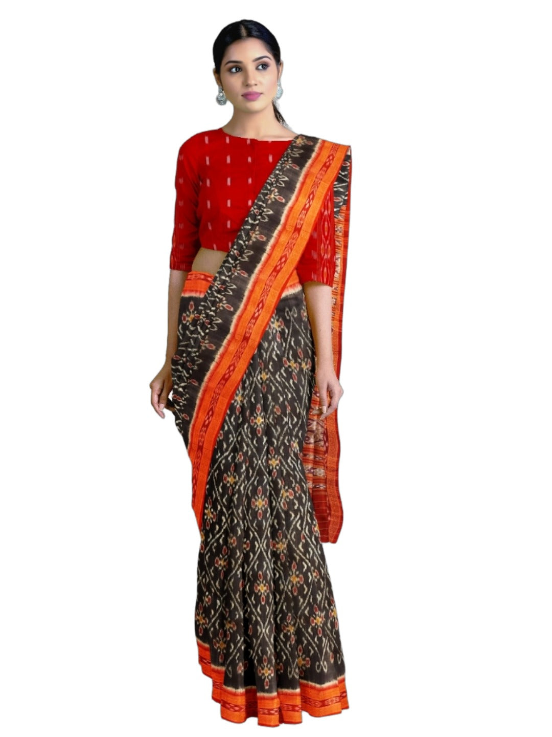 Black with Red Border Odisha Khandua Pata Silk Saree with cotton ikat blouse piece