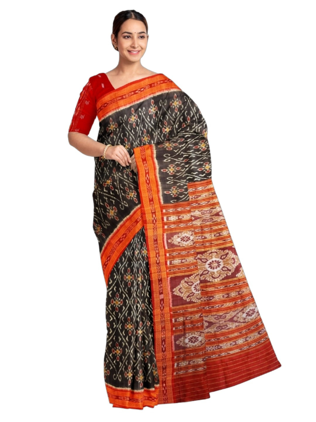 Black with Red Border Odisha Khandua Pata Silk Saree with cotton ikat blouse piece