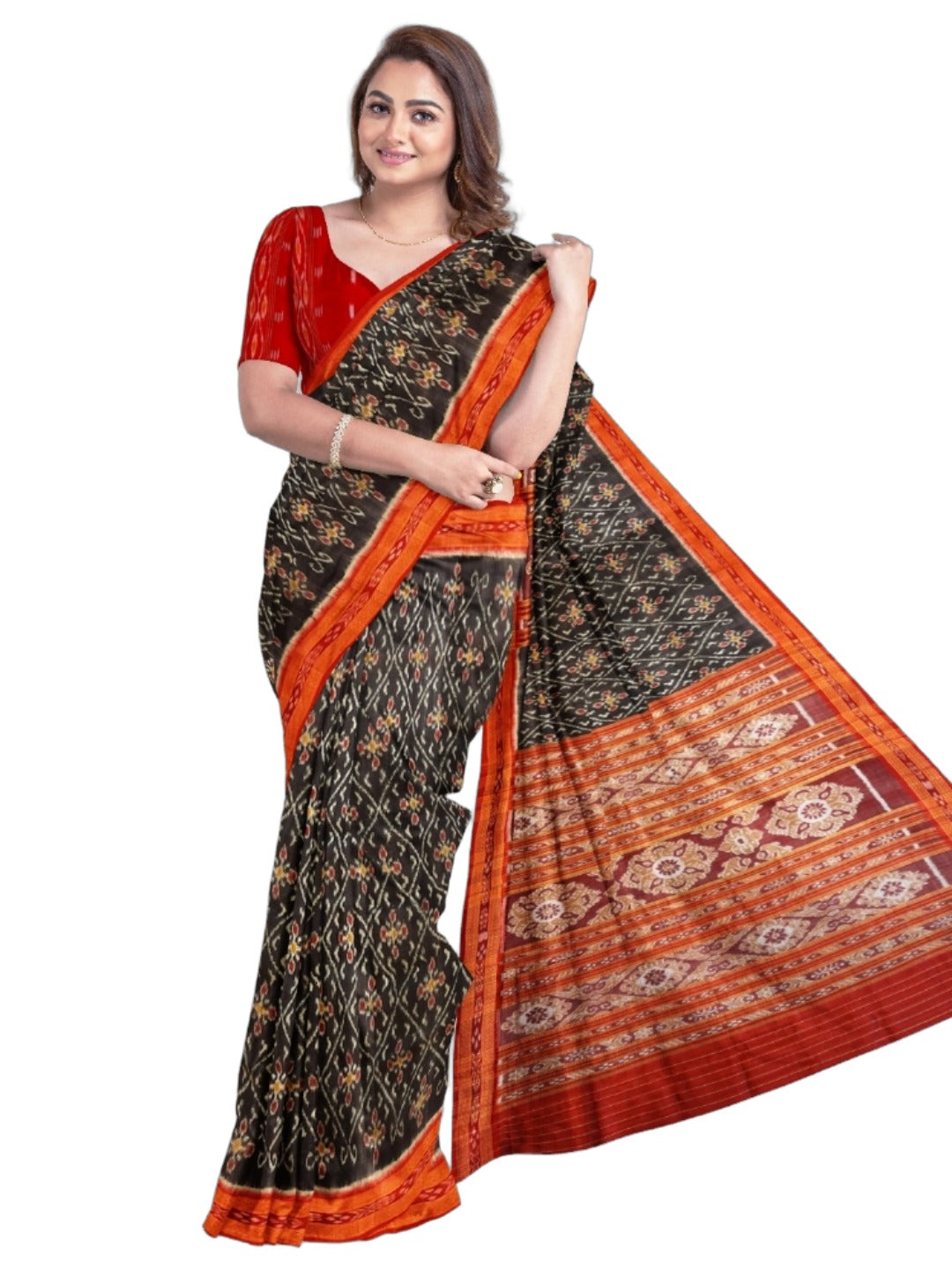 Black with Red Border Odisha Khandua Pata Silk Saree with cotton ikat blouse piece