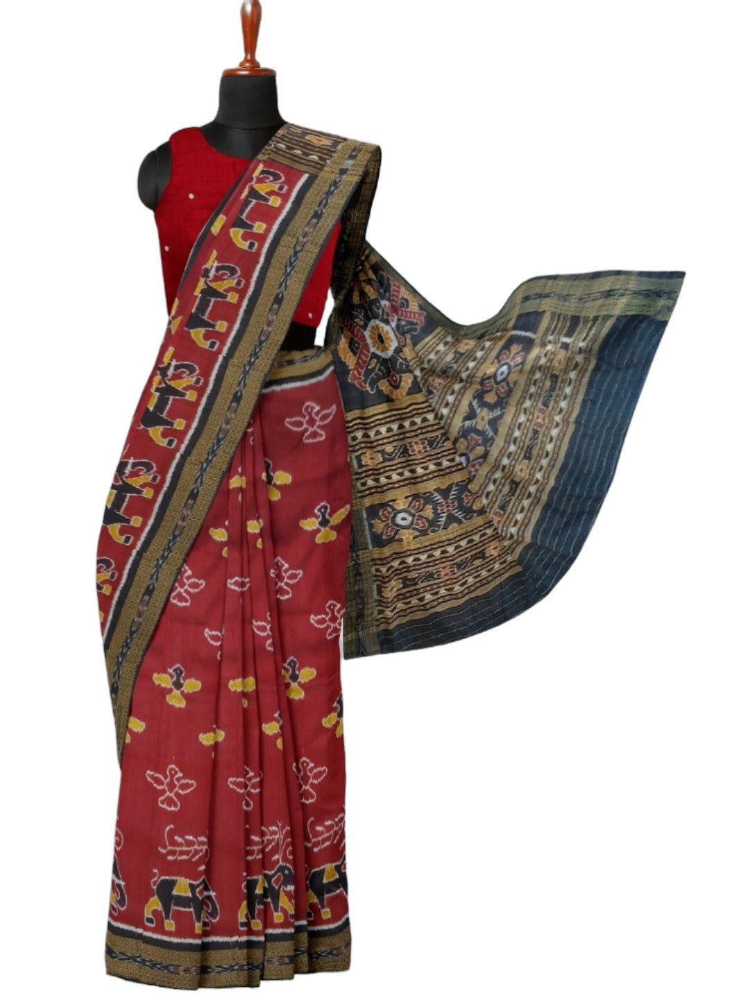Maroon Odisha Khandua Pata Silk Saree with cotton ikat blouse piece
