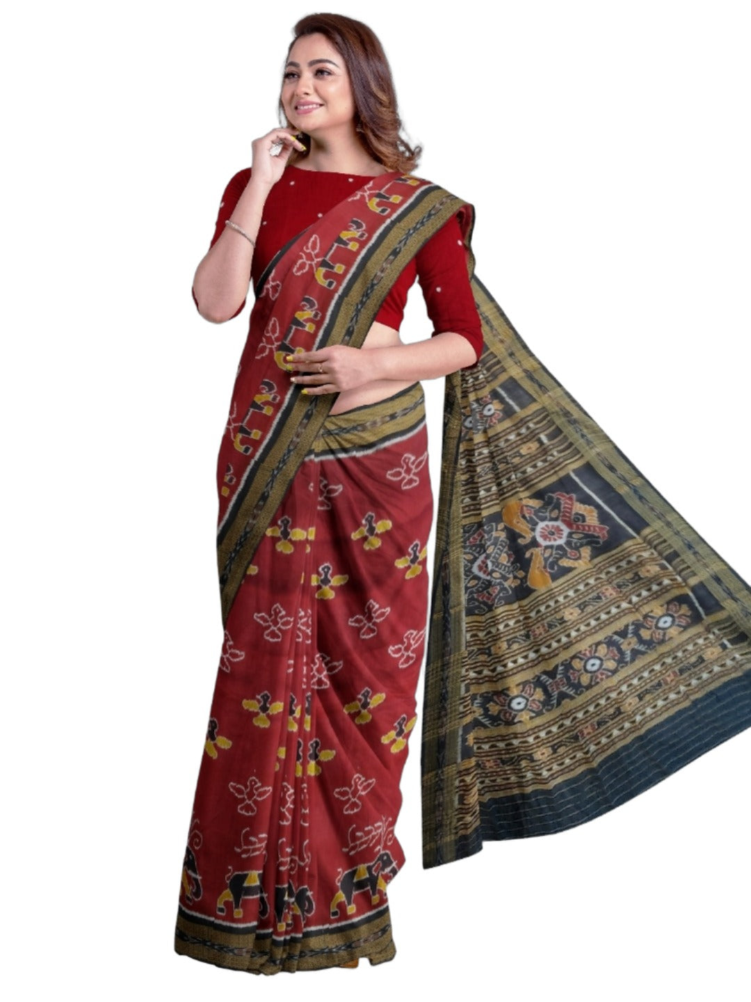 Maroon Odisha Khandua Pata Silk Saree with cotton ikat blouse piece