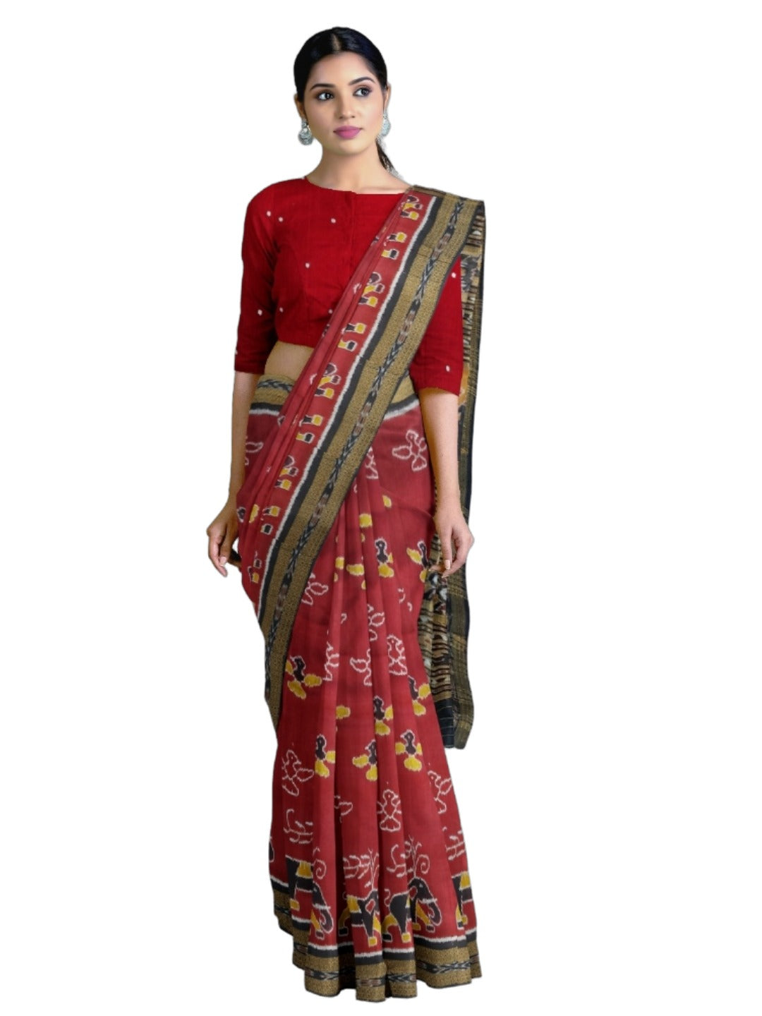 Maroon Odisha Khandua Pata Silk Saree with cotton ikat blouse piece