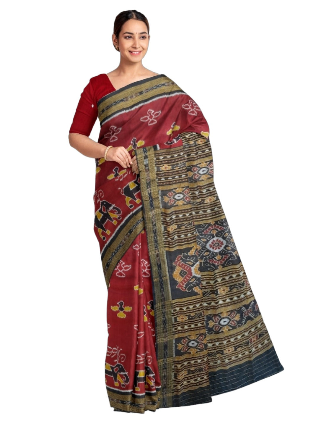 Maroon Odisha Khandua Pata Silk Saree with cotton ikat blouse piece