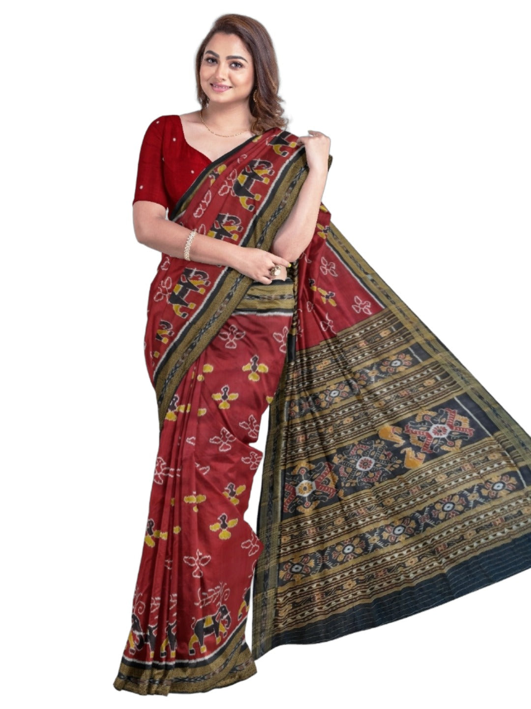 Maroon Odisha Khandua Pata Silk Saree with cotton ikat blouse piece