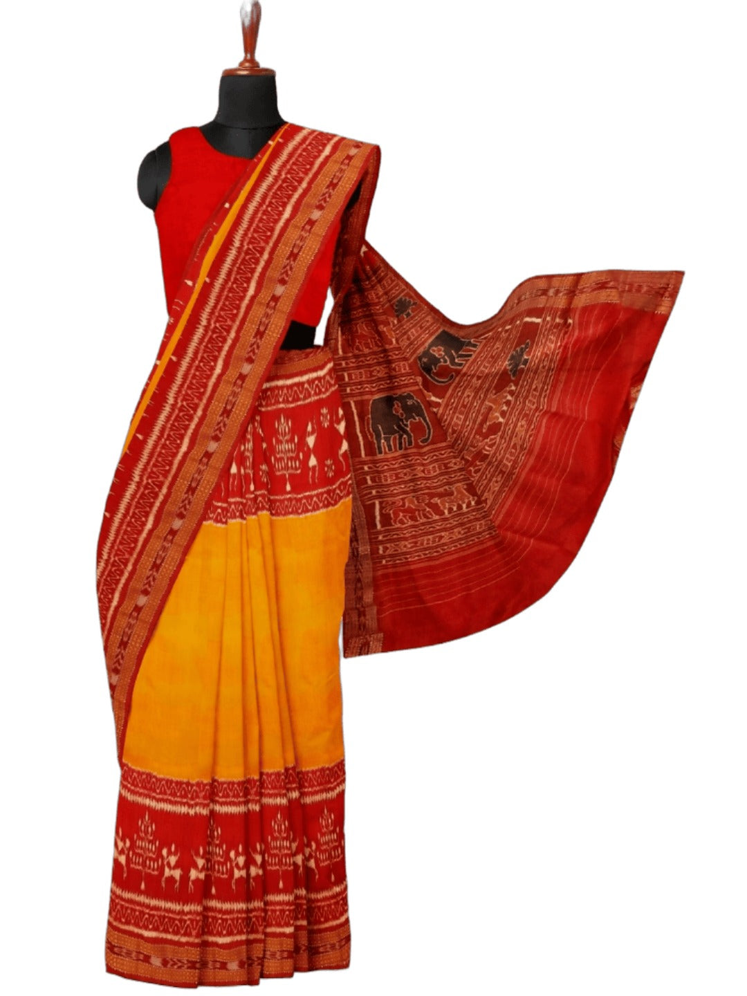 Yellow Red Odisha Khandua Pata Silk Saree with running blouse piece