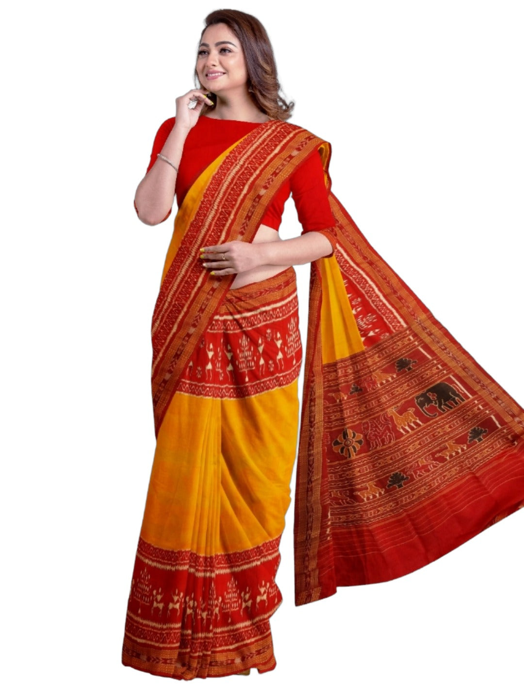 Yellow Red Odisha Khandua Pata Silk Saree with running blouse piece