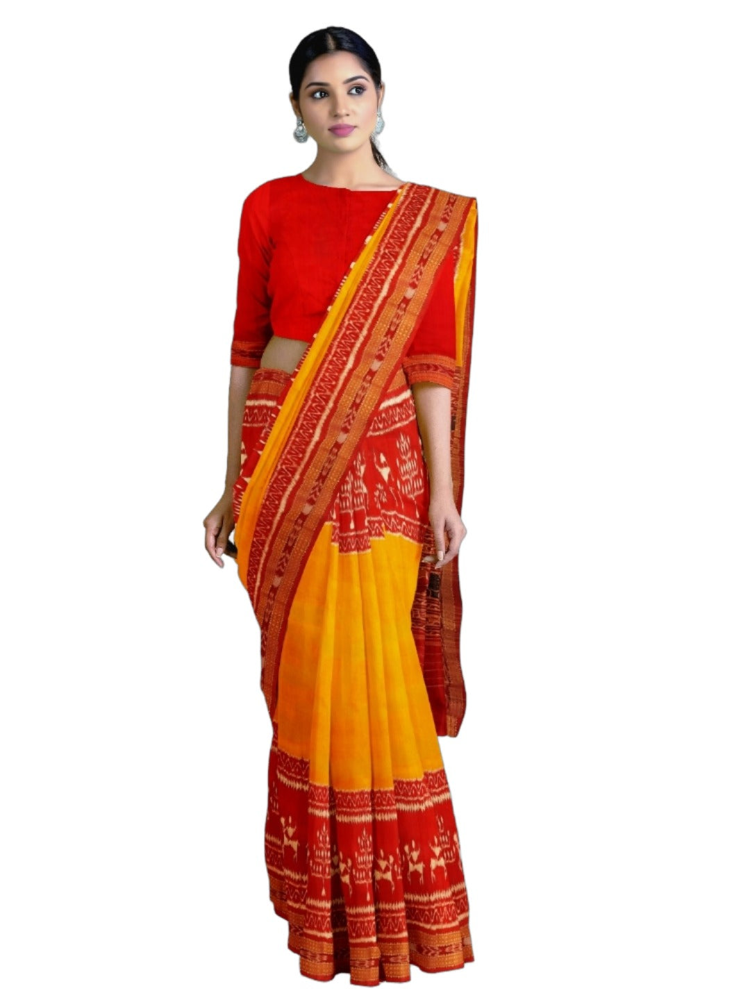 Yellow Red Odisha Khandua Pata Silk Saree with running blouse piece