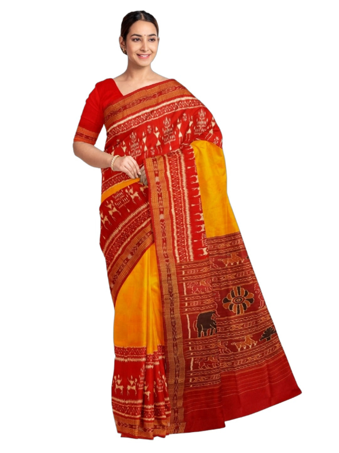 Yellow Red Odisha Khandua Pata Silk Saree with running blouse piece