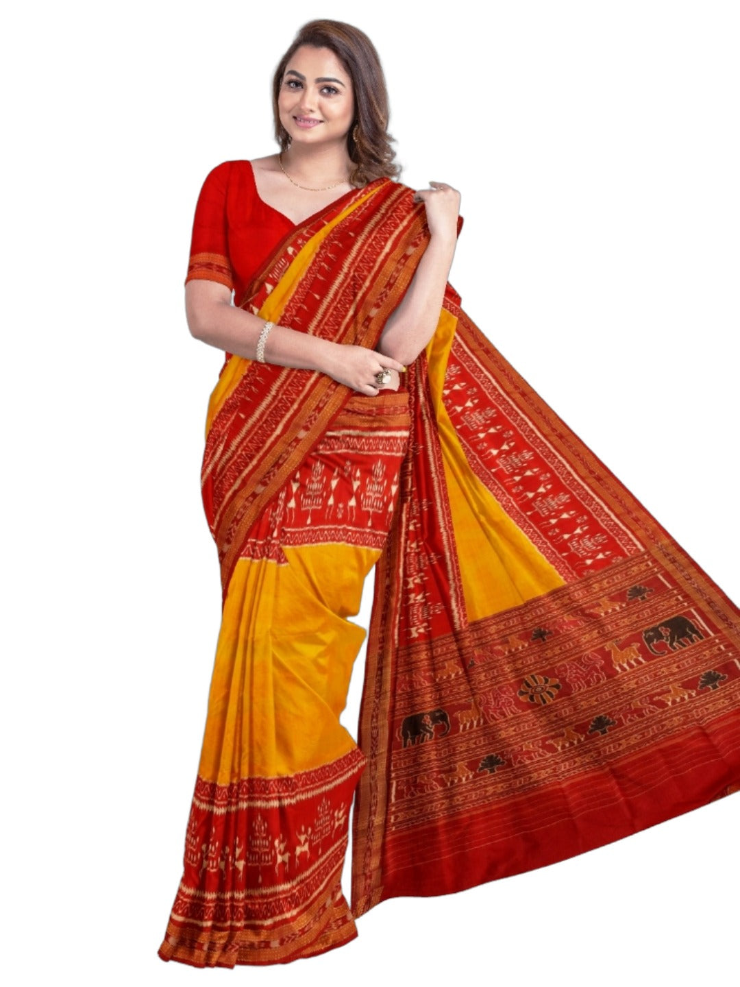 Yellow Red Odisha Khandua Pata Silk Saree with running blouse piece
