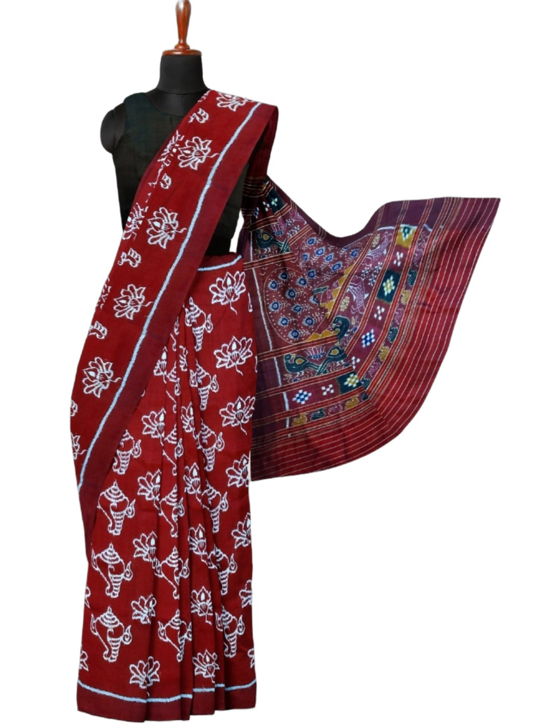 Maroon Odisha Khandua Pata Silk Saree with Silk Blouse piece
