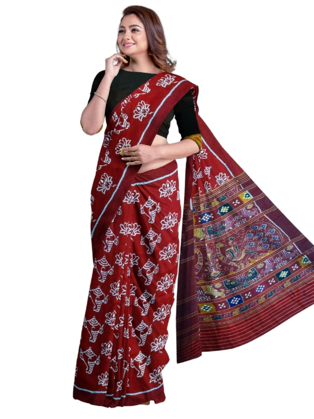 Maroon Odisha Khandua Pata Silk Saree with Silk Blouse piece