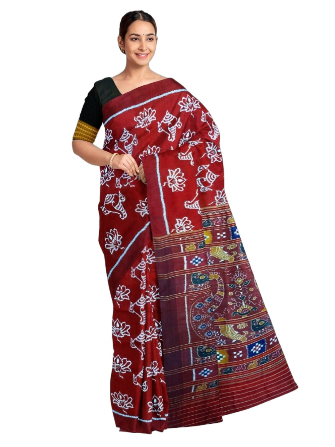 Maroon Odisha Khandua Pata Silk Saree with Silk Blouse piece