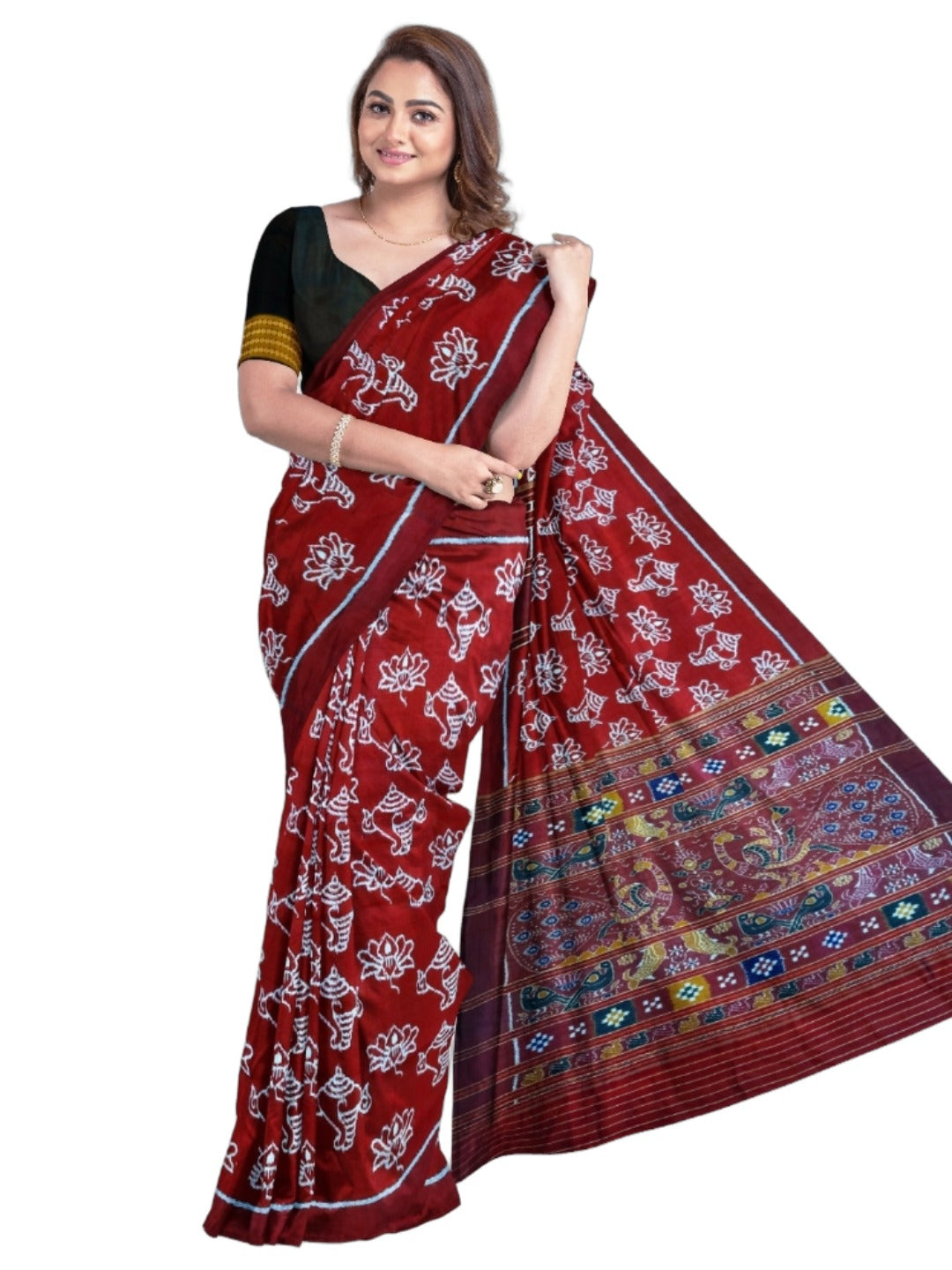 Maroon Odisha Khandua Pata Silk Saree with Silk Blouse piece