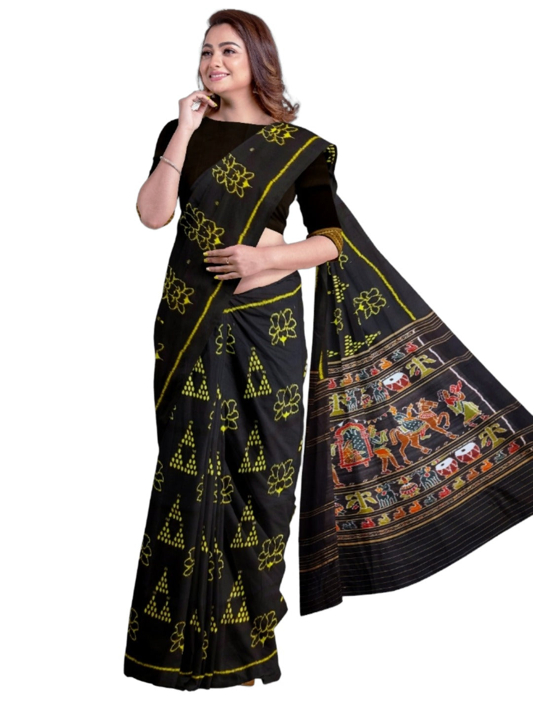 Black Odisha Khandua Pata Silk Saree with Silk Blouse piece