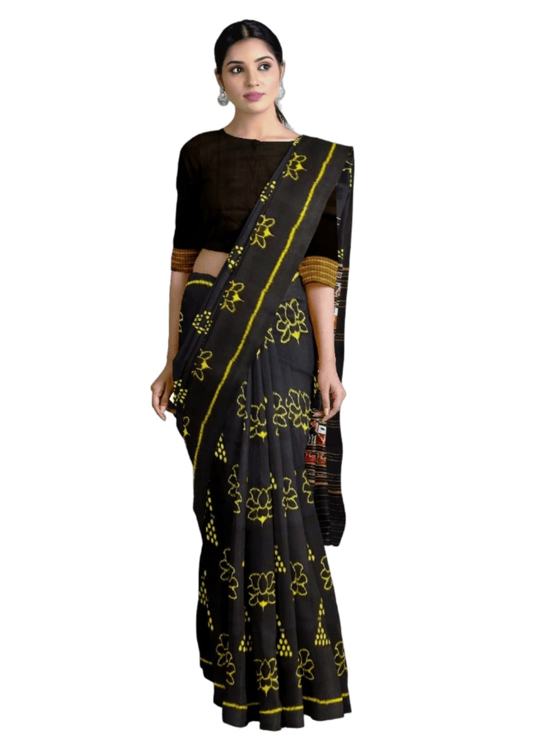 Black Odisha Khandua Pata Silk Saree with Silk Blouse piece