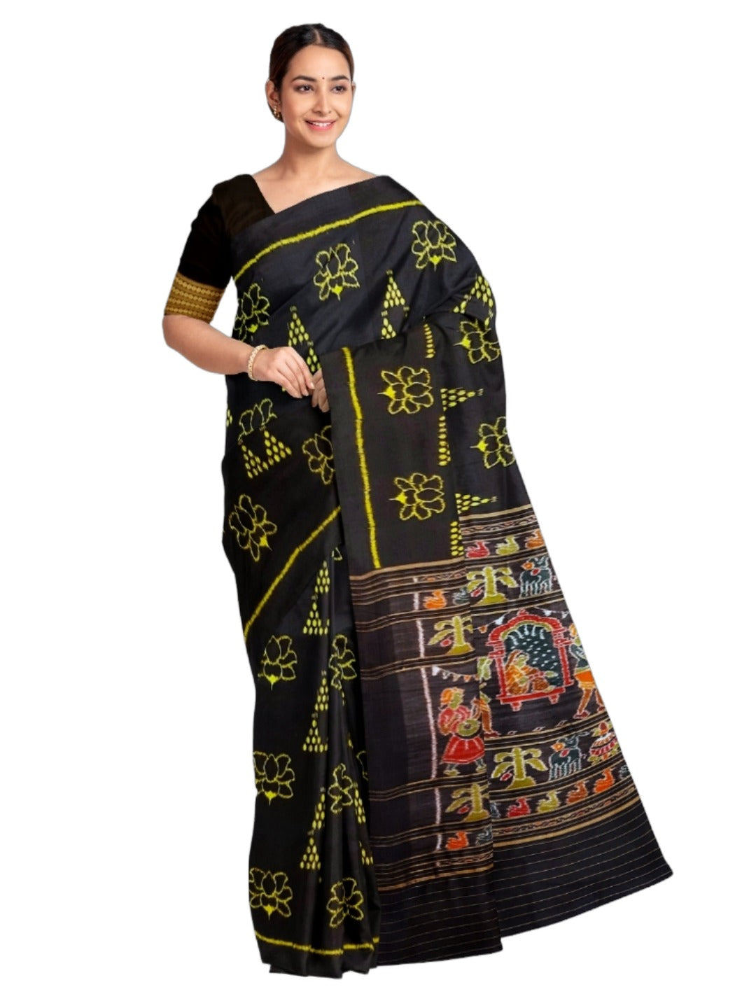Black Odisha Khandua Pata Silk Saree with Silk Blouse piece