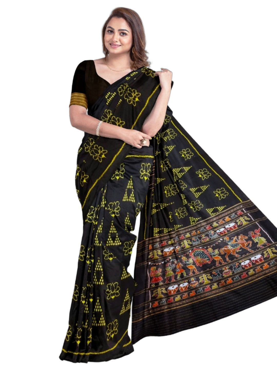 Black Odisha Khandua Pata Silk Saree with Silk Blouse piece