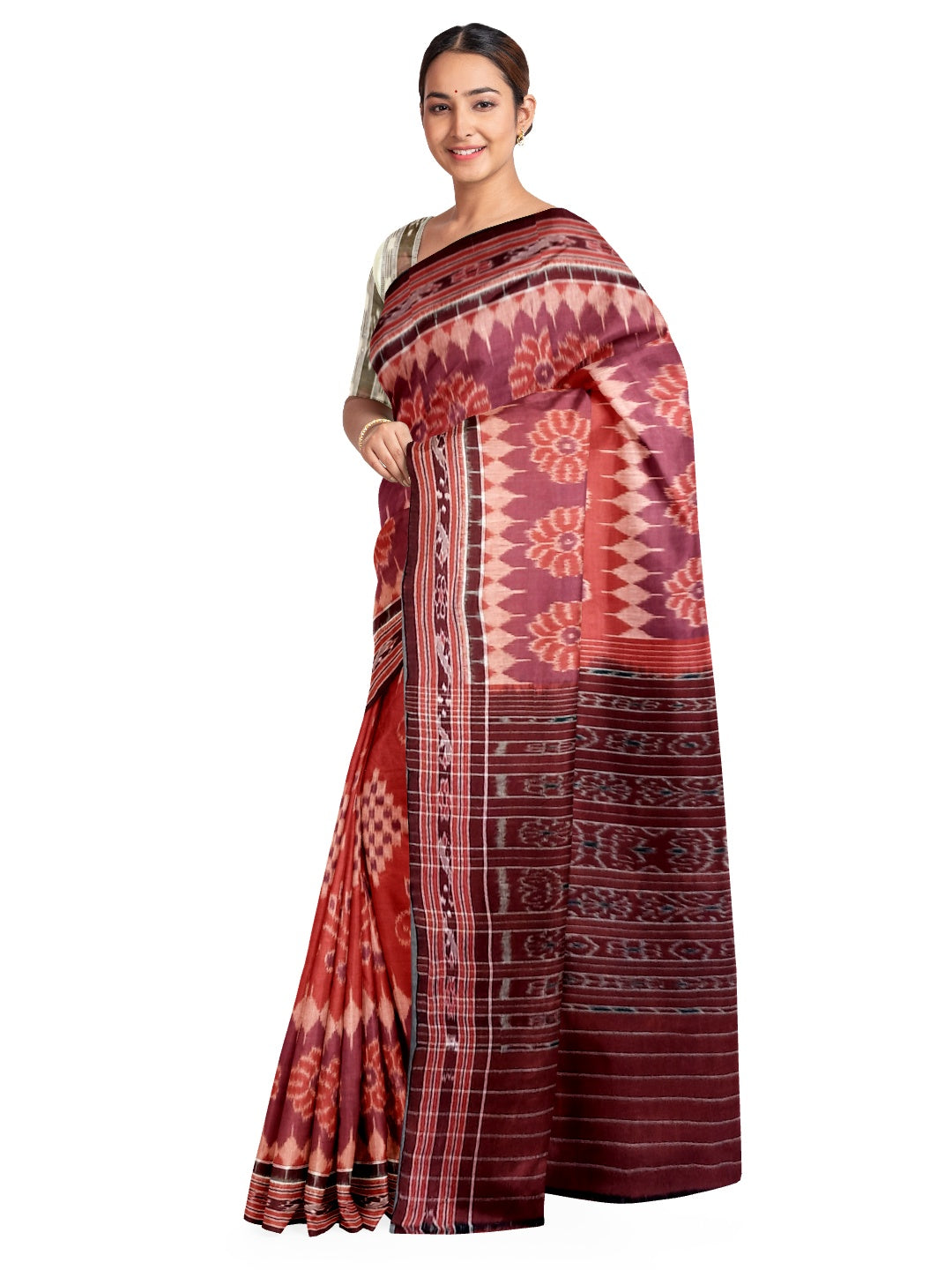 Red Cotton Odisha Ikat saree with cotton Sambalpuri ikat blouse piece