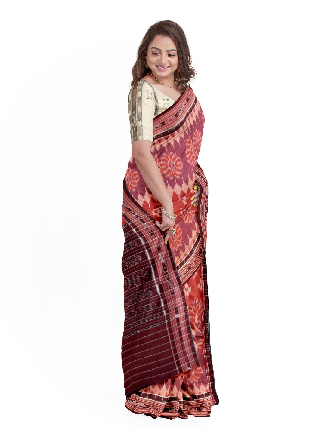 Red Cotton Odisha Ikat saree with cotton Sambalpuri ikat blouse piece