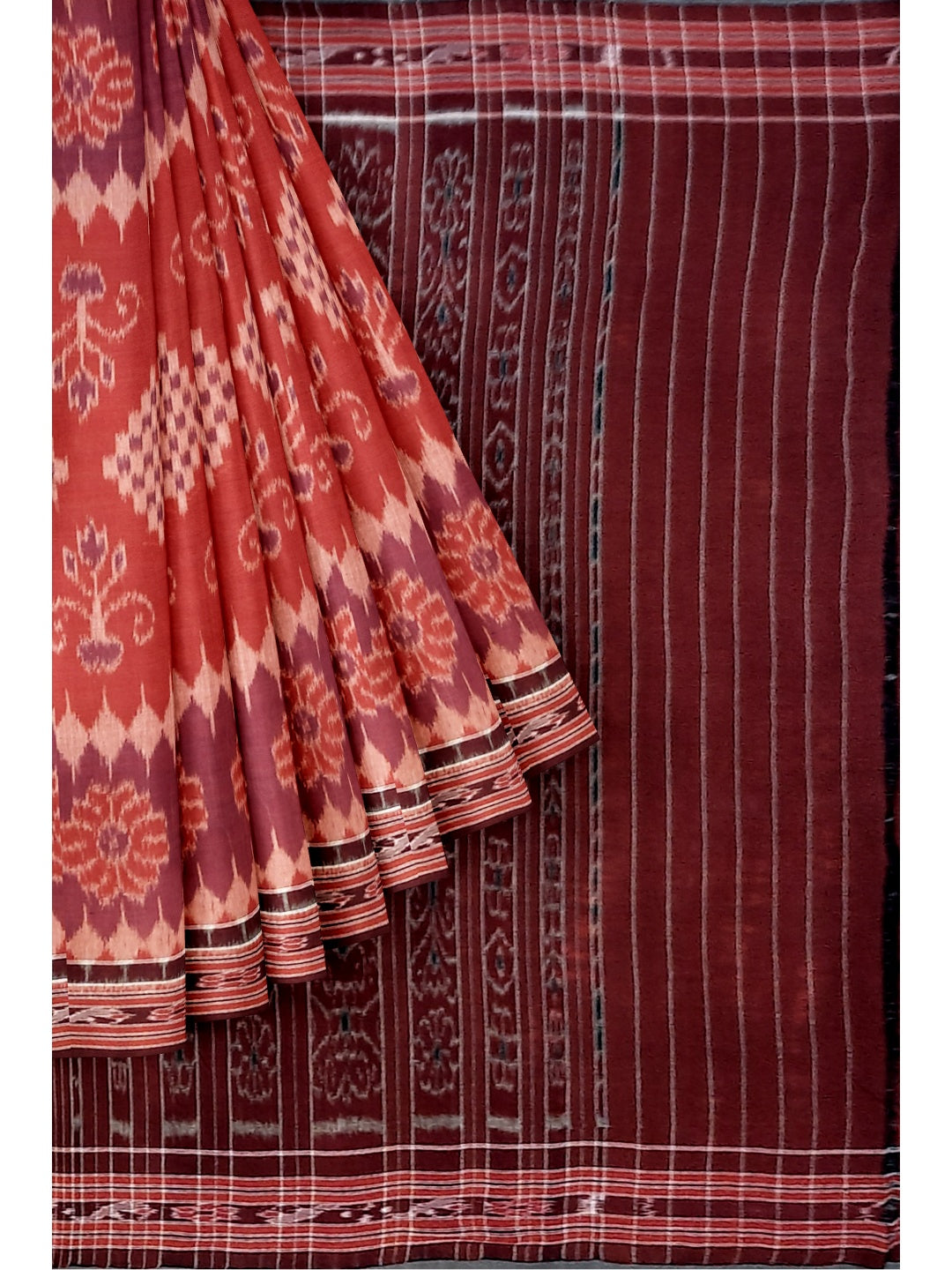 Red Cotton Odisha Ikat saree with cotton Sambalpuri ikat blouse piece