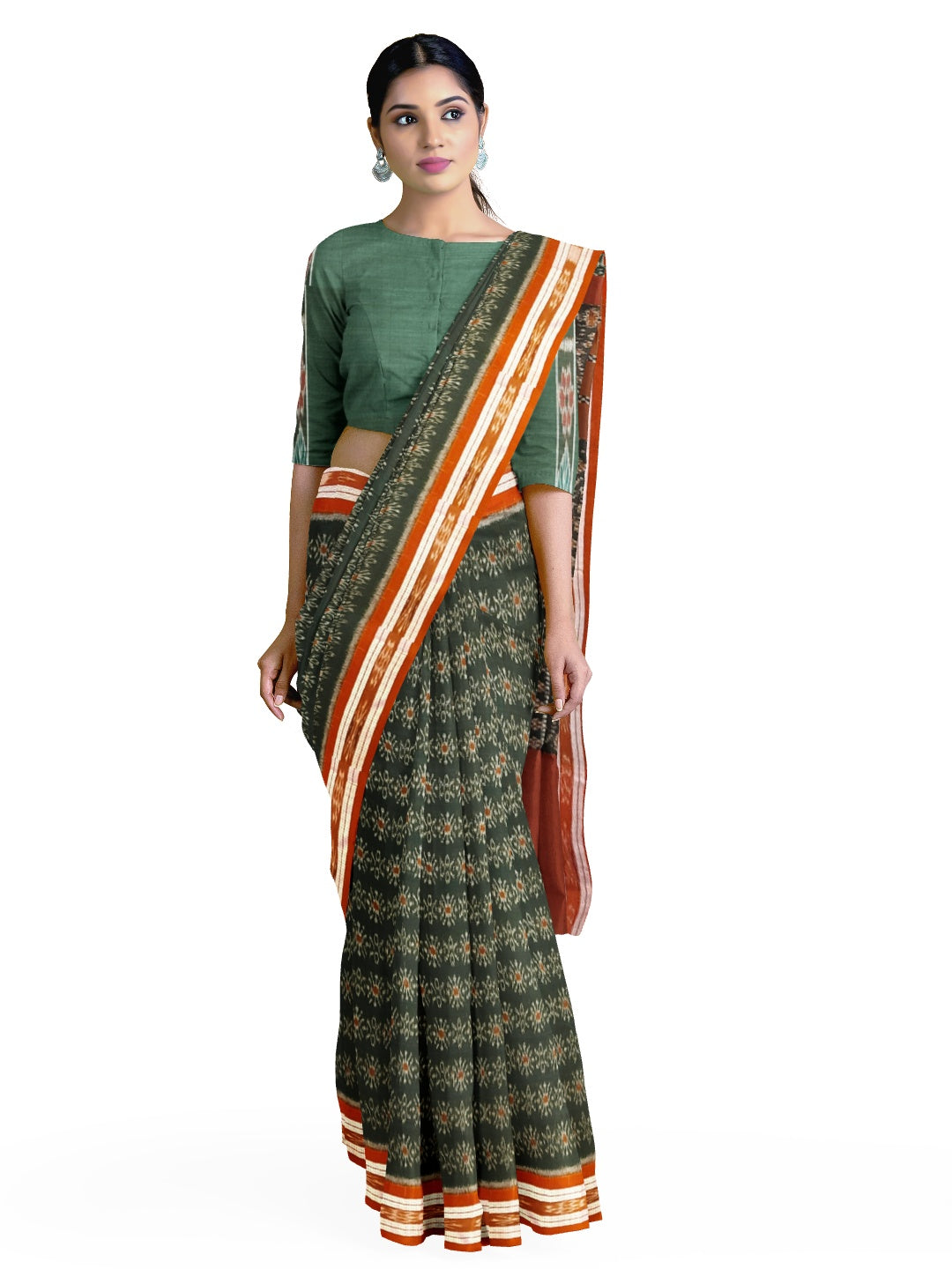 Green and Rust Odisha Ikat saree with cotton ikat blouse