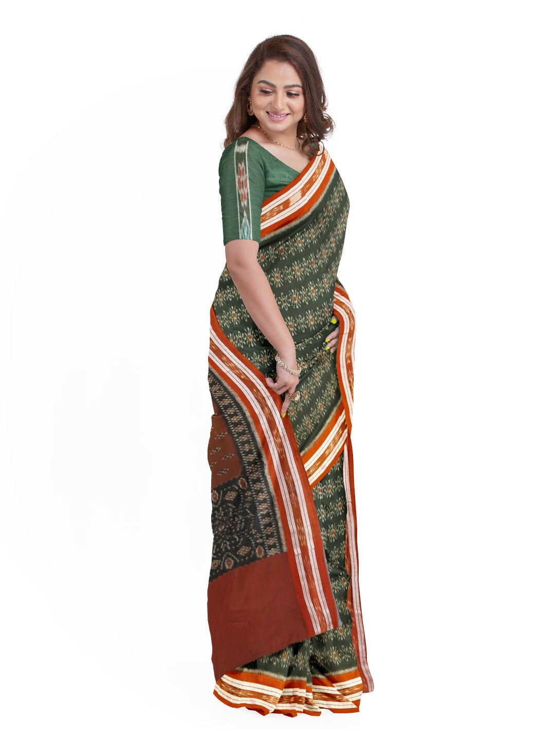 Green and Rust Odisha Ikat saree with cotton ikat blouse