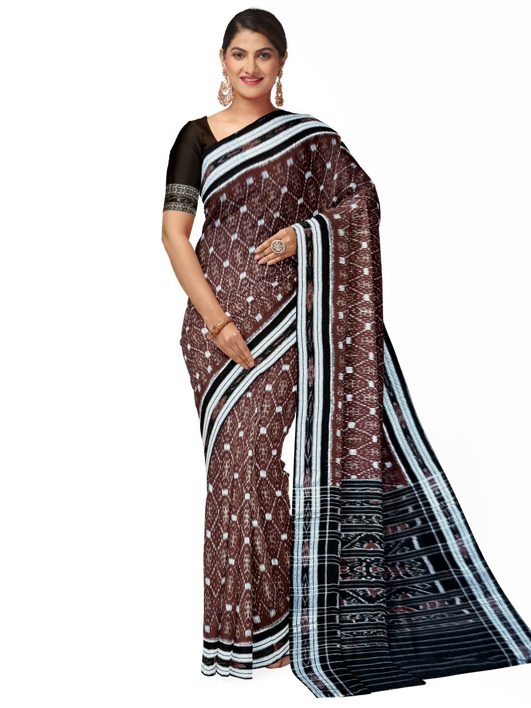 Maroon and Black Odisha Ikat saree with cotton Sambalpuri ikat blouse piece