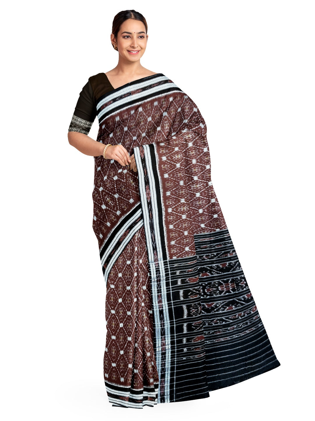 Maroon and Black Odisha Ikat saree with cotton Sambalpuri ikat blouse piece