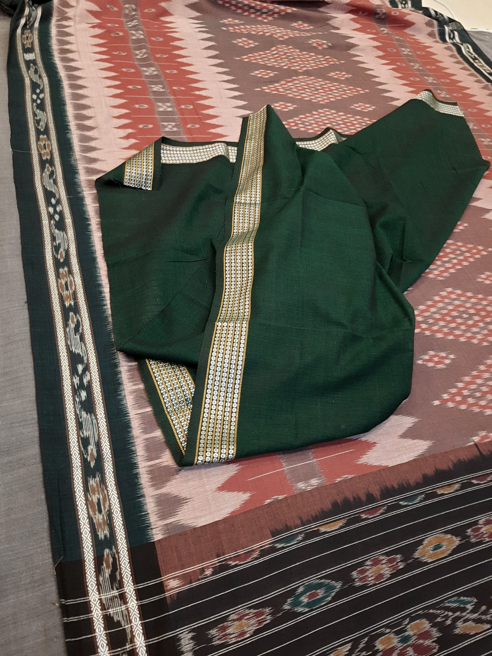 Peach with Green Odisha Ikat saree with cotton ikat blouse piece