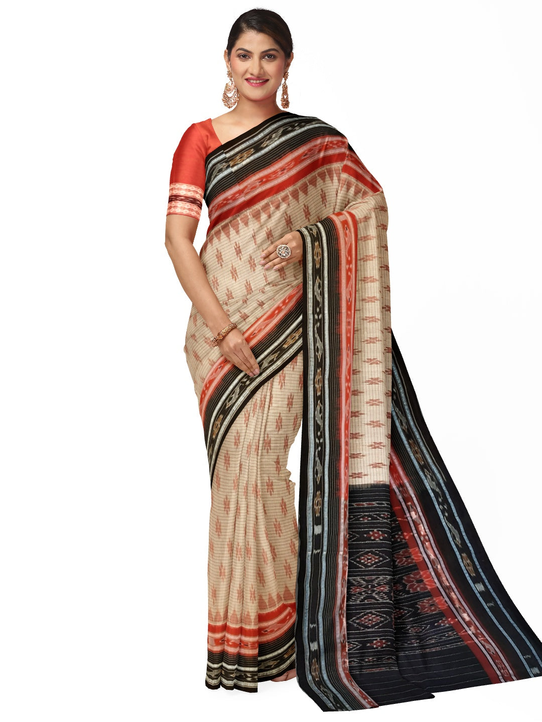 Beige with double border Odisha Ikat saree with cotton ikat blouse piece
